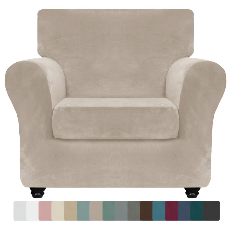 ZNSAYOTX Luxury Velvet Chair Slipcovers with Arms 2 Piece Stretch Chair Covers for Living Room Thick Soft Armchair Slipcover Anti Slip Dog Pet Friendly Furniture Protector (Khaki),30"-47"(1 Cushion) - Image 1
